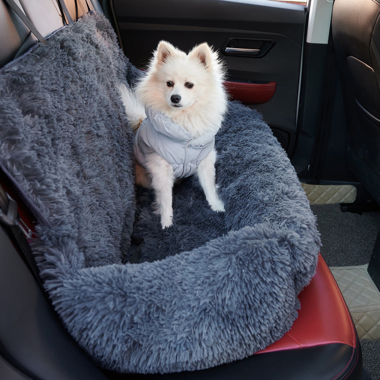 Dog Car Seat For Small Medium Large Dogs,Two Dogs Car Back Seat,Travel Pet Booster Seat With Seat Belt,Washable Long Plush Safety Pet Car Seat For Cat Or Small Pet