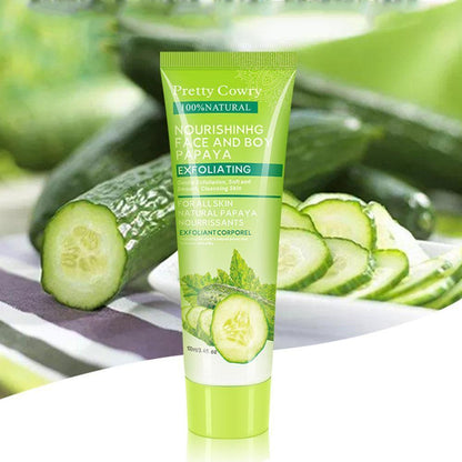 Cucumber Coconut Papaya Facial Exfoliating Gel Cream with sliced cucumbers in background, 100ml tube.