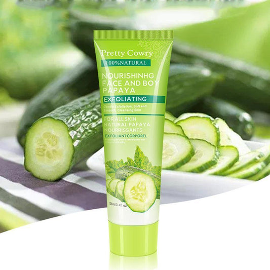 Cucumber Coconut Papaya Facial Exfoliating Gel Cream with sliced cucumbers in background, 100ml tube.