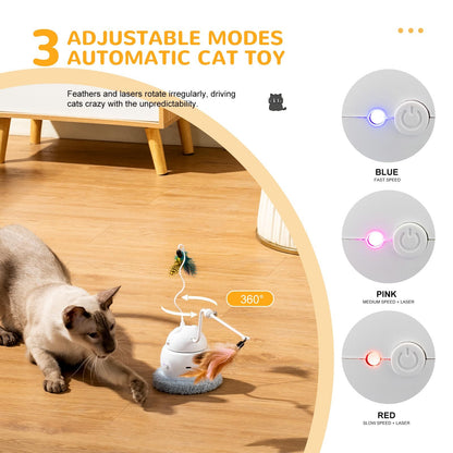 Automatic Interactive Cat Toy, 4-in-1 Rechargeable Cat Laser Toy, Indoor Laser Toy, 2 Feathers And Lid, Hide And Seek Cat Toy For Cat Exercise And Boredom | Laser Cat Toy - Essential Loved