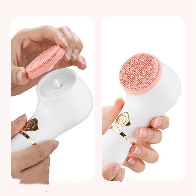 Electric facial cleanser in use, showcasing interchangeable brush head and ergonomic design.