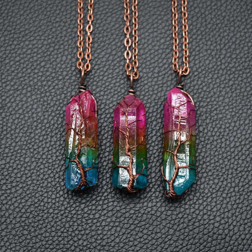 Stone Crystal Pillar Tree of Life Pendant Necklace in Rainbow Colors