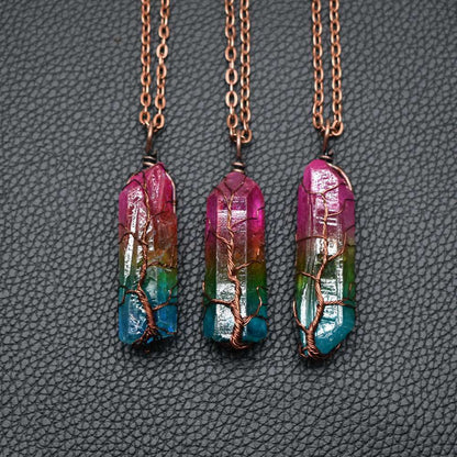 Stone Crystal Pillar Tree of Life Pendant Necklace in Rainbow Colors