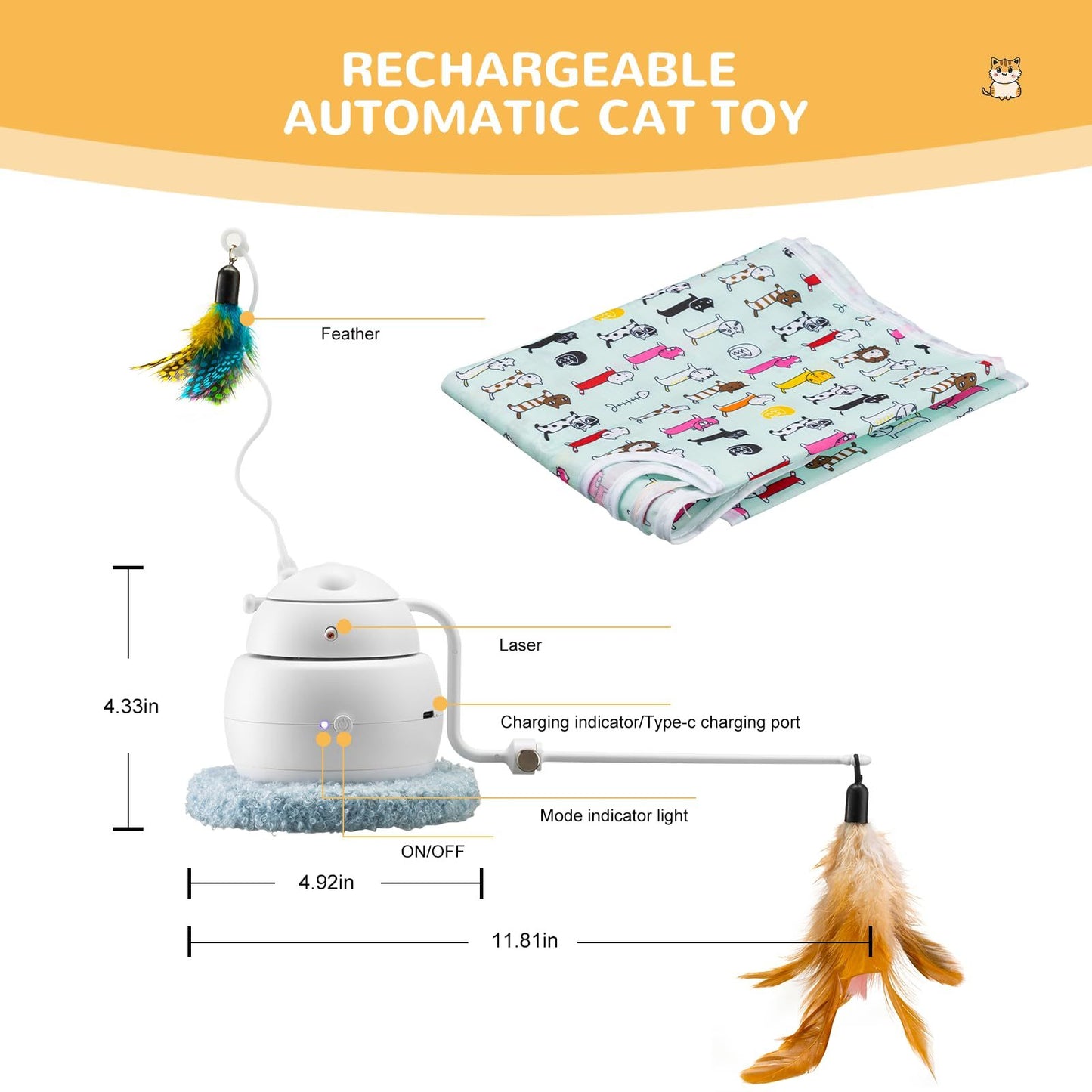 Automatic Interactive Cat Toy, 4-in-1 Rechargeable Cat Laser Toy, Indoor Laser Toy, 2 Feathers And Lid, Hide And Seek Cat Toy For Cat Exercise And Boredom | Laser Cat Toy - Essential Loved