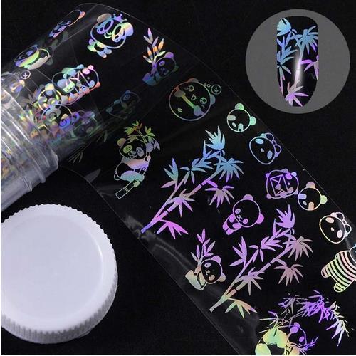 Colorful panda nail sticker roll in plastic bottle packaging with floral design.