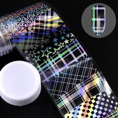 Colorful holographic nail sticker roll with star and checkered patterns.