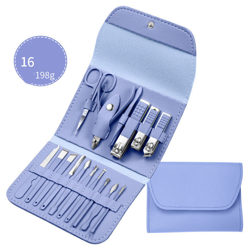 Professional scissors nail clippers set in a blue leather case with 16 pieces, featuring high-quality stainless steel tools.