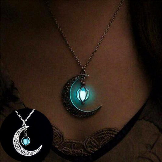 Fashion Moon Necklace with glowing stone pendant on chain.
