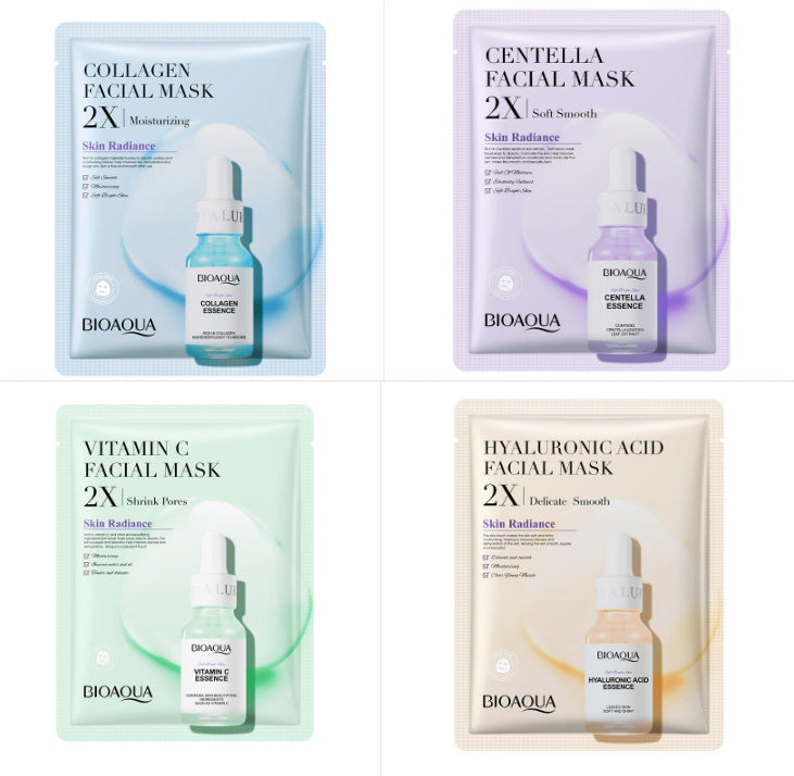 Collagen face mask set with hyaluronic acid, centella, and vitamin C for moisturizing and skin care.