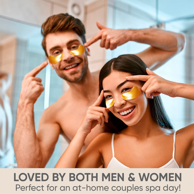 Couple wearing 24K gold eye mask patches for eye bag removal and wrinkle lifting.