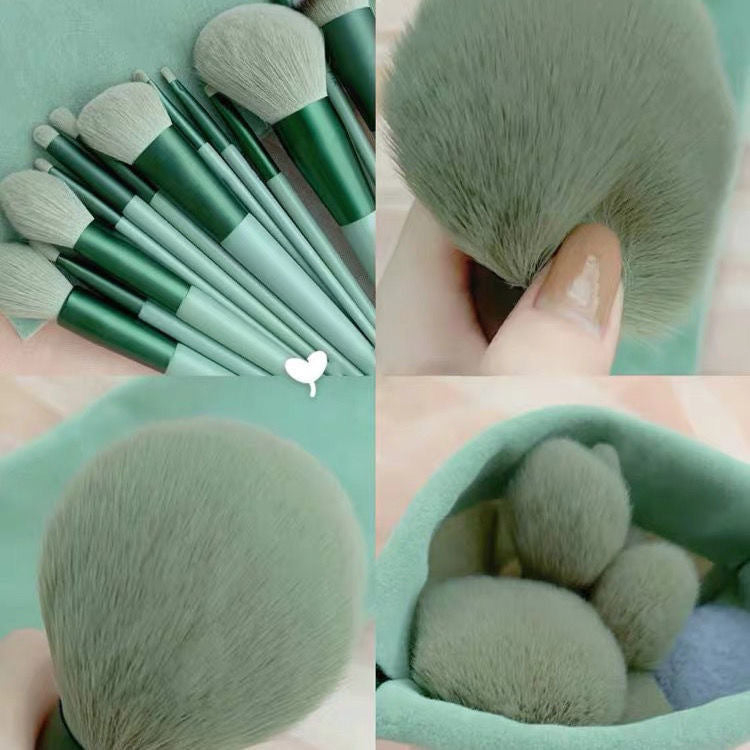 13 green makeup brushes with soft, fine bristles and durable plastic handles in a cloth bag from the 13Pcs Makeup Brush Set.