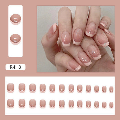 Oblique French Simple Wearing Manicure Finished Fake Nails with Glue, 24 Pieces Set