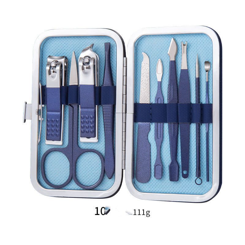 Professional stainless steel nail clippers and scissors set in a blue case.