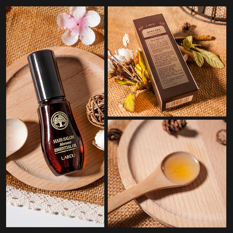 Moroccan hair oil bottle and ingredients displayed elegantly on a wooden tray.