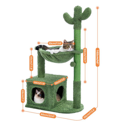 Cactus Cat Tree 40 Inch Cat Tower With Large Metal Carpet Hammock, Indoor Cat Scratch Bollard With Apartment And Hanging Ball, Green