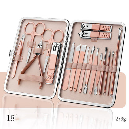Professional scissors nail clippers set in a rose gold leather case with multiple pedicure tools.