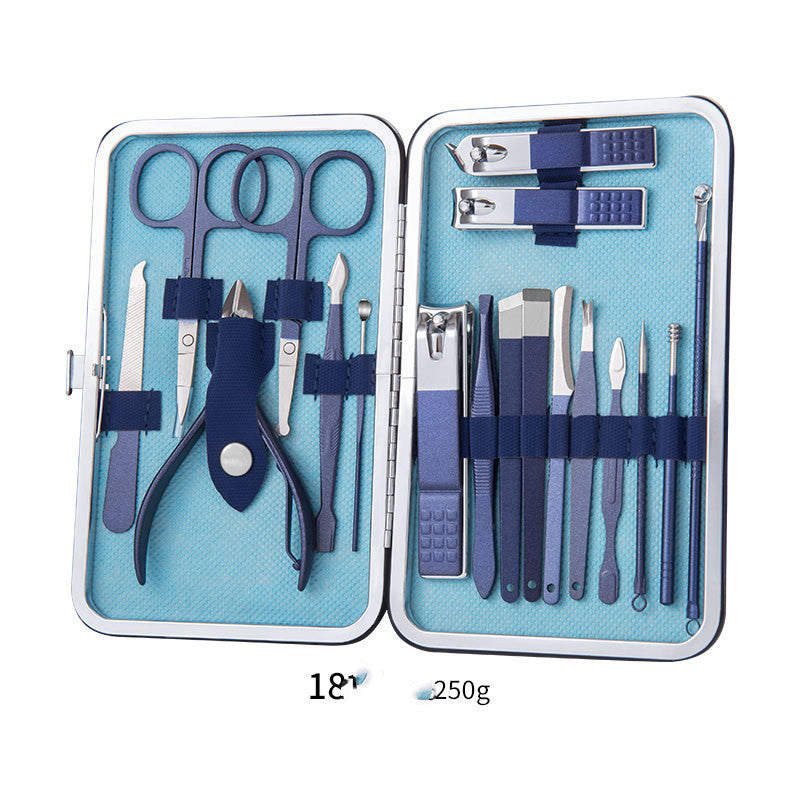 Professional scissors nail clippers set in blue case, includes pedicure tools for trimming and cleaning nails.
