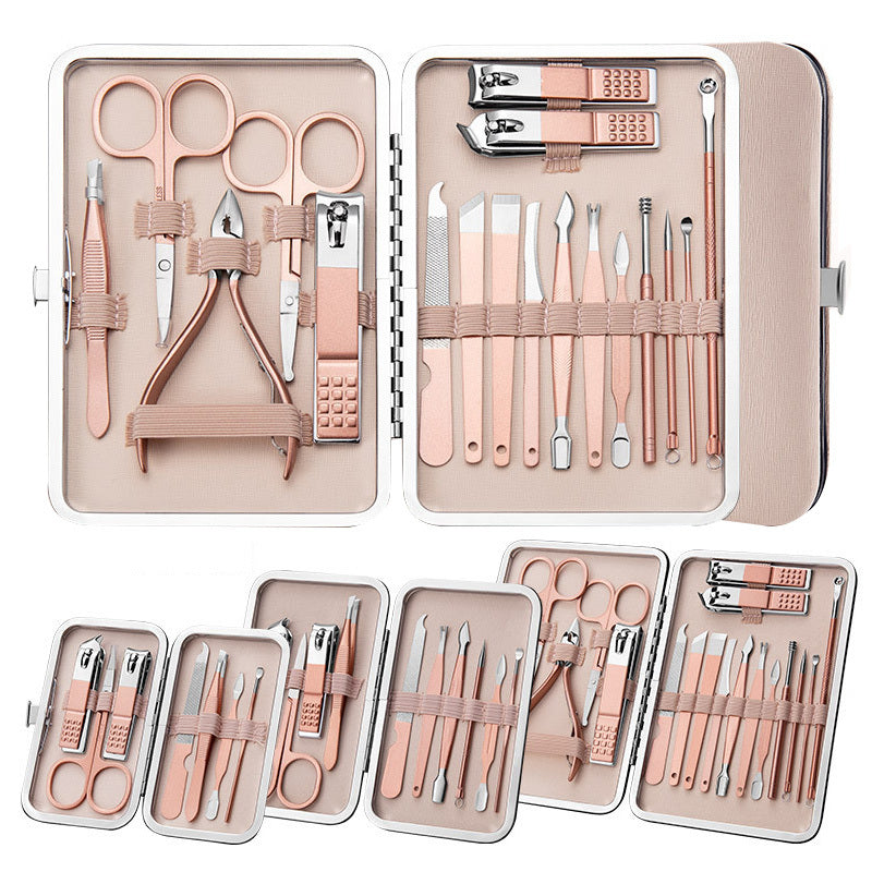 Professional scissors nail clippers set with ear spoon, dead skin pliers, pedicure knife, and groove trimmers in elegant leather case.