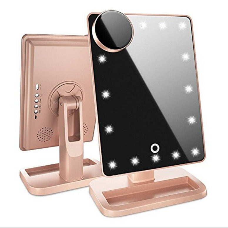 Touch screen makeup mirror with 20 LED lights and Bluetooth speaker.