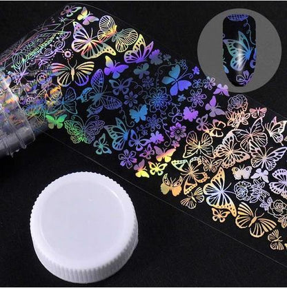 holographic butterfly nail sticker roll with black manicure example