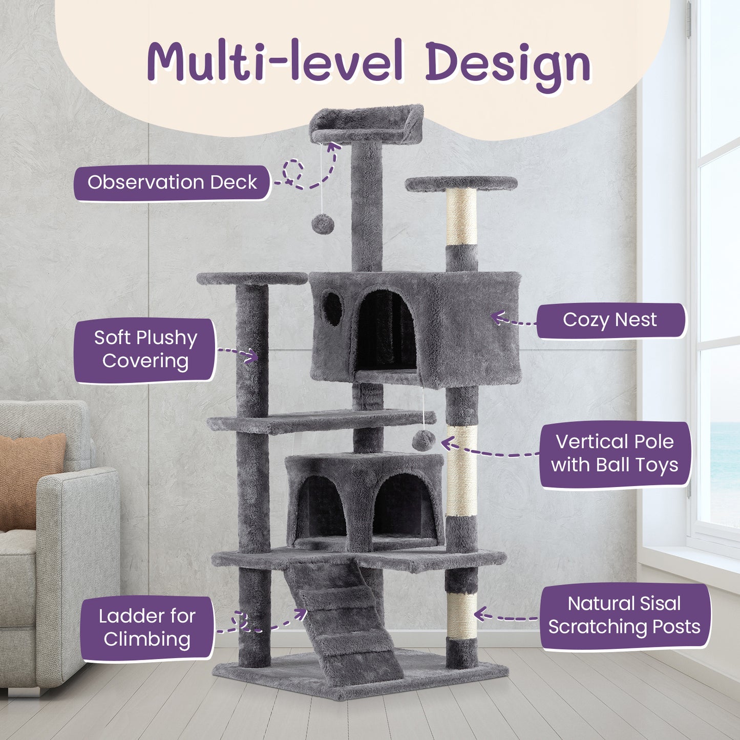 53 Inch Multistorey Cat Tree Cat Apartment With Scratch Kitten Activity Tower Pet Playhouse Furniture, Dark Grey