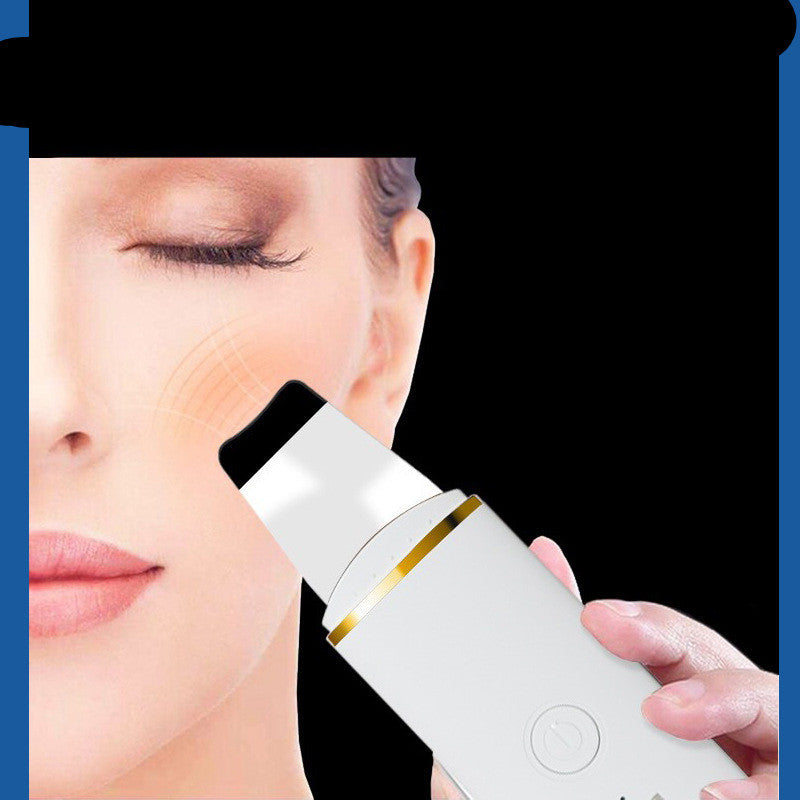 Ultrasonic facial cleanser being used on a woman's cheek for blackhead removal and deep cleansing.