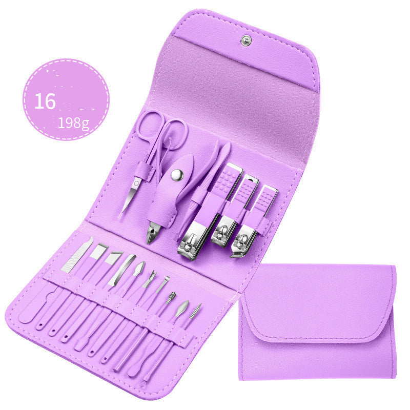 Professional scissors nail clippers set in purple leather case with 16 manicure tools.