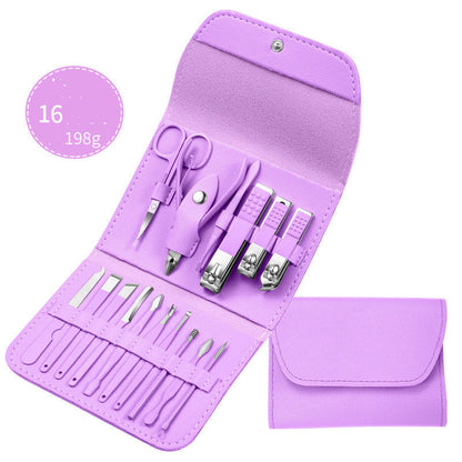 Professional scissors nail clippers set in purple leather case with 16 manicure tools.