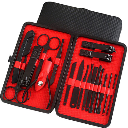 Professional scissors nail clippers set in black leather case with multiple grooming tools.