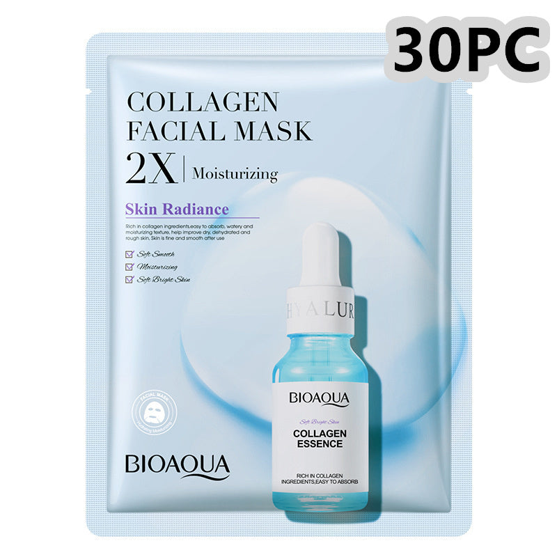 Collagen face mask with moisturizing benefits, featuring hyaluronic acid; pack of 30.