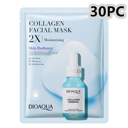 Collagen face mask with moisturizing benefits, featuring hyaluronic acid; pack of 30.