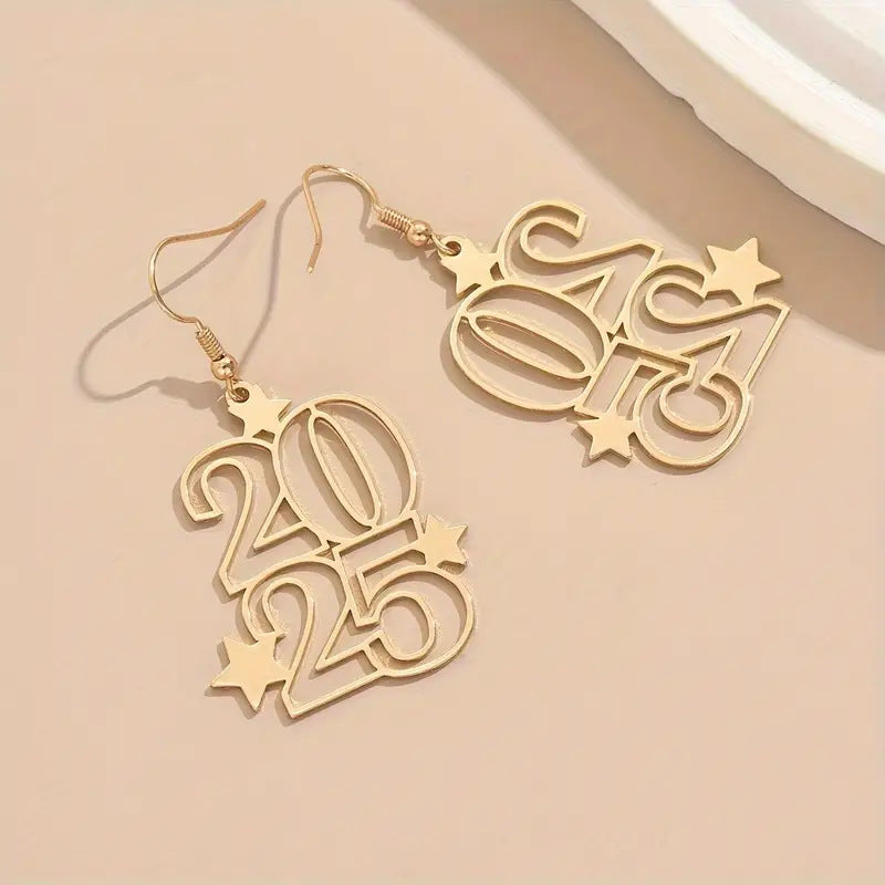 Gloden Number 2025 dangle earrings for women, gold alloy, stylish New Year jewelry.