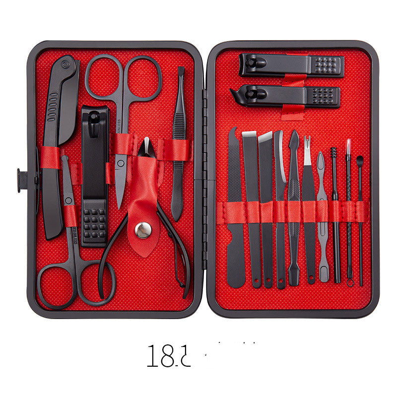 Professional scissors nail clippers set in red and black leather case, 18-piece kit.