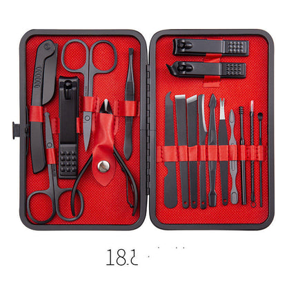 Professional scissors nail clippers set in red and black leather case, 18-piece kit.
