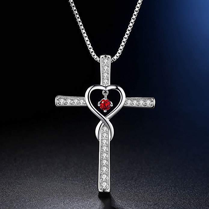 Infinity Love God We Trust Christian Cross Birthstone Crystal Pendant Necklace Colour Gems Zircon Heart Necklace Women Jewelry