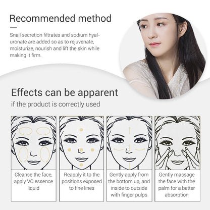 Application guidance illustration for Vitamin C Facial Serum with skincare routine steps and method details.