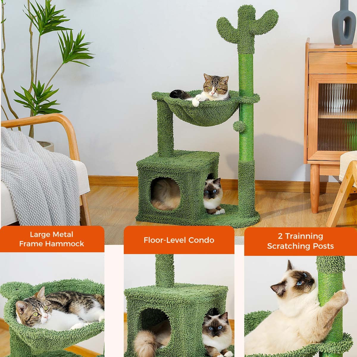 Cactus Cat Tree 40 Inch Cat Tower With Large Metal Carpet Hammock, Indoor Cat Scratch Bollard With Apartment And Hanging Ball, Green