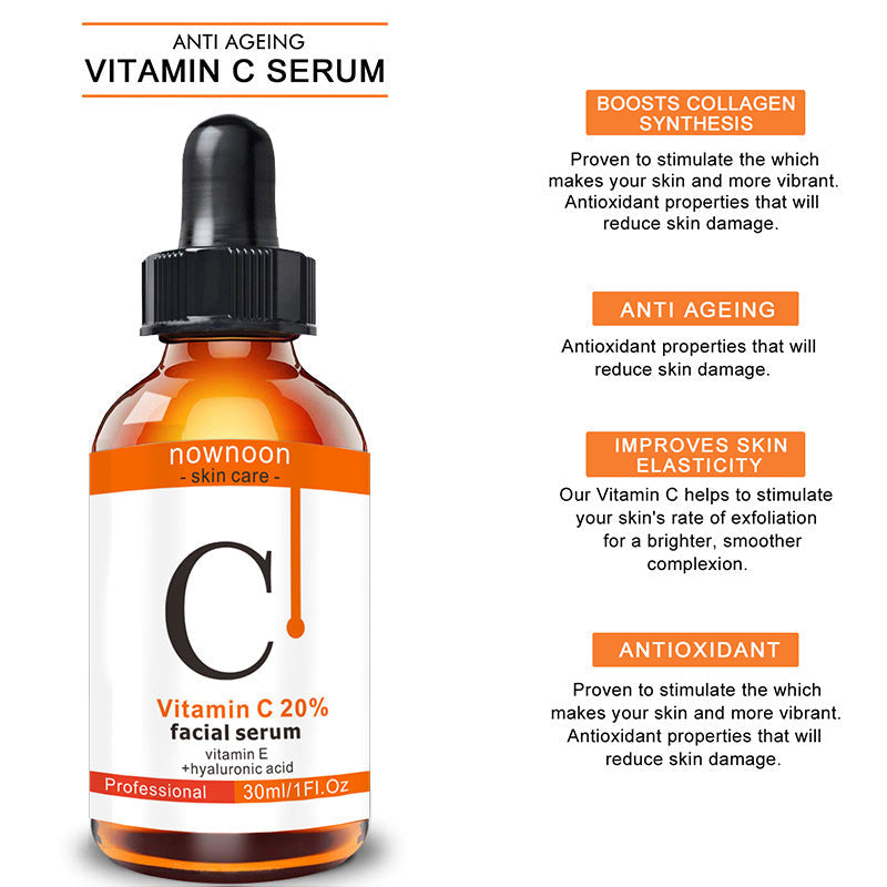 Vitamin C Facial Serum 30ml bottle with hydration benefits, containing snow lotus, shown with packaging.