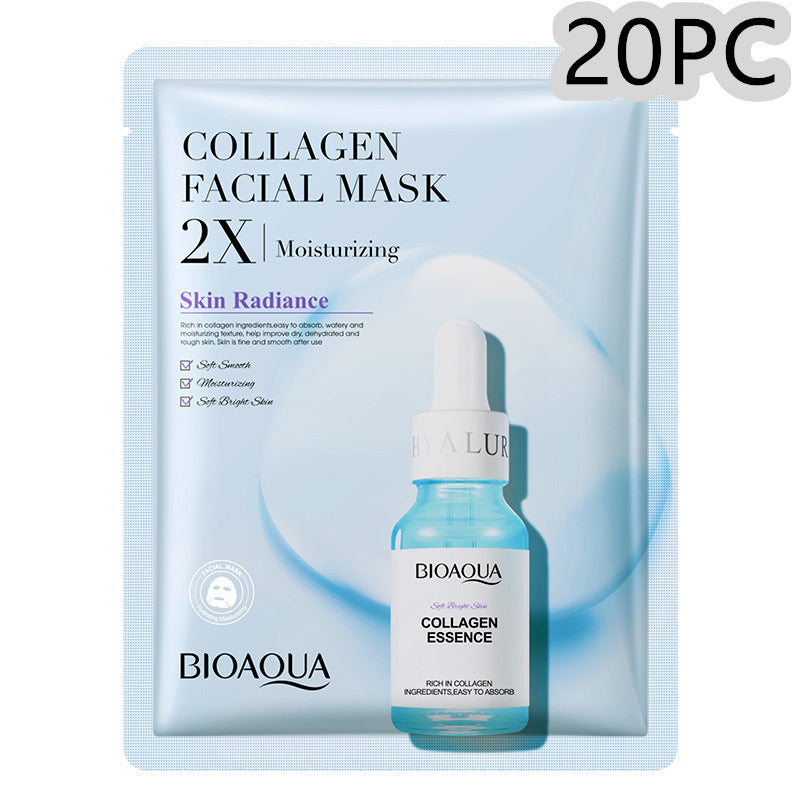 Collagen face mask with moisturizing and firming properties by Bioaqua, featuring hyaluronic acid and essence bottle.