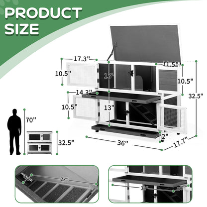 2 Floors Solid Wood Rabbit Cage With 2 Large Main Rooms, Indoor And Outdoor Rabbit House Guinea Pig Cage, Small Animal Pet House With 2 Removable Trays, Grey