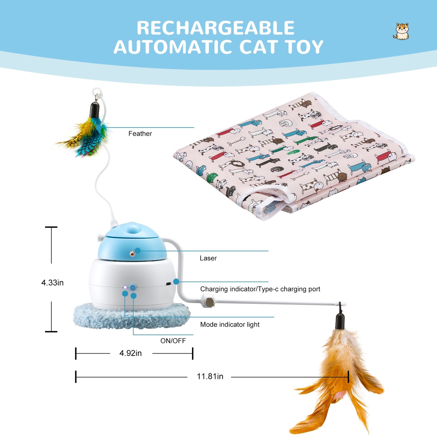 Automatic Interactive Cat Toy, 4-in-1 Rechargeable Cat Laser Toy, Indoor Laser Toy, 2 Feathers And Lid, Hide And Seek Cat Toy For Cat Exercise And Boredom | Laser Cat Toy - Essential Loved