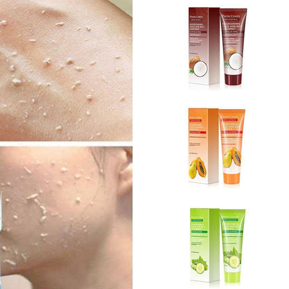 Cucumber Coconut Papaya facial exfoliating gel cream bottles and skin application.