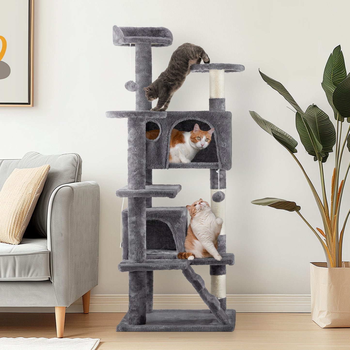 53 Inch Multistorey Cat Tree Cat Apartment With Scratch Kitten Activity Tower Pet Playhouse Furniture, Dark Grey