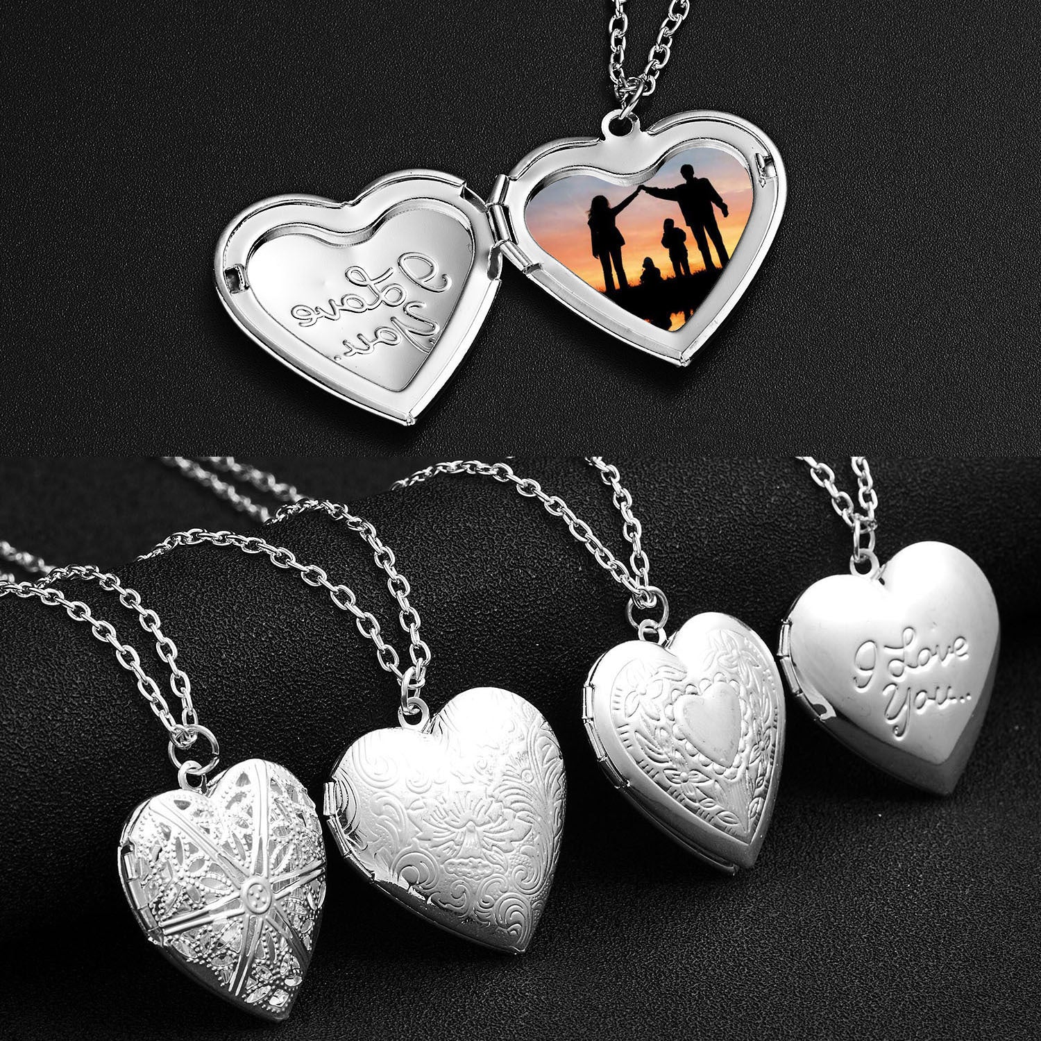 Heart-shaped carved design love necklace with personalized photo frame pendant for women.