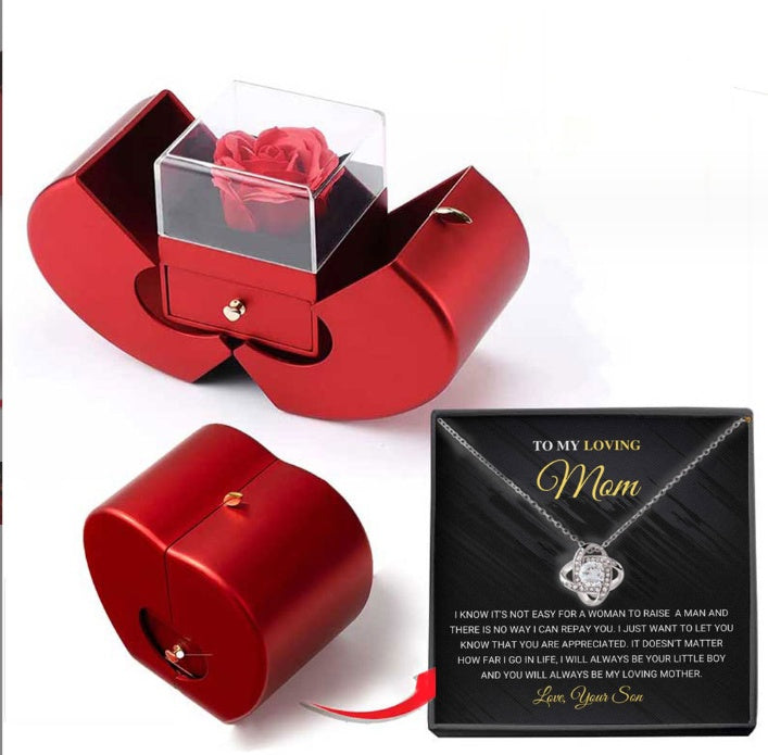 Fashion Jewelry Box Red Apple Christmas Gift Necklace Eternal Rose For Girl Mother's Day  Valentine's Day Gifts With Artificial Flower Rose | Flower Jewelry Box - Essential Loved