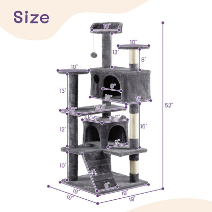 53 Inch Multistorey Cat Tree Cat Apartment With Scratch Kitten Activity Tower Pet Playhouse Furniture, Dark Grey