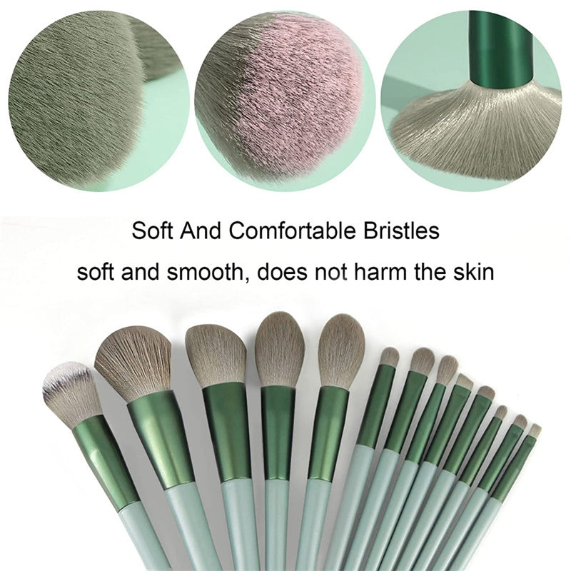 13Pcs Makeup Brush Set with soft bristles and green handles, featuring various brush types including foundation and eyeshadow brushes.