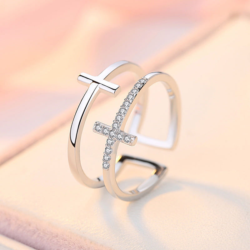 Double Cross Miniature Copper Inlaid  | Cross Zirconia Rings - Essential Loved