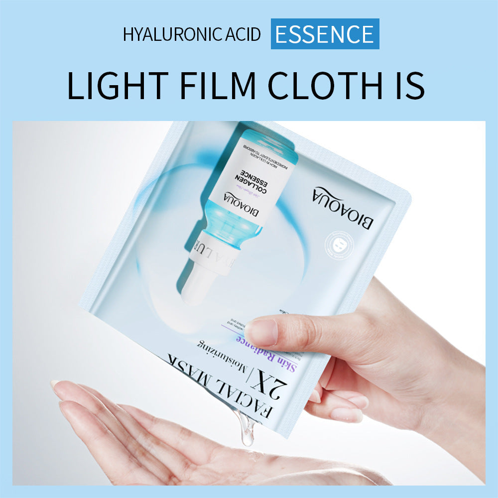 Collagen face mask with hyaluronic acid essence packaging displayed with a hand pouring serum.