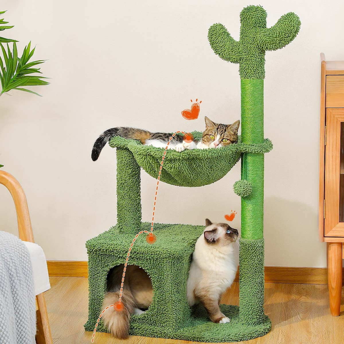 Cactus Cat Tree 40 Inch Cat Tower With Large Metal Carpet Hammock, Indoor Cat Scratch Bollard With Apartment And Hanging Ball, Green